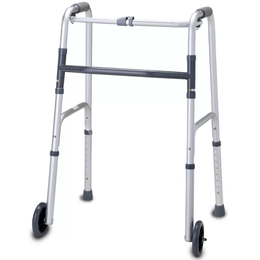 Vaikščiojimo rėmas žingsninė vaikštynė, suglaudžiama, su 2 ratukais