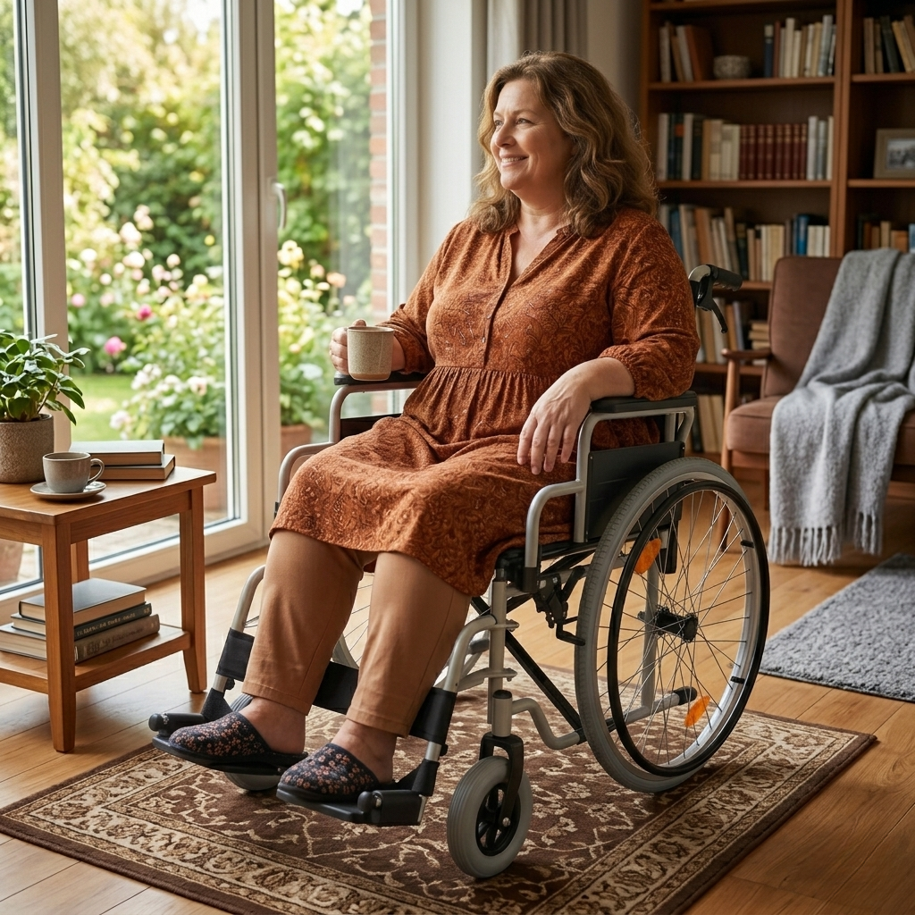 Moteris naudojasi bariatriniu universalaus tipo vežimėliu