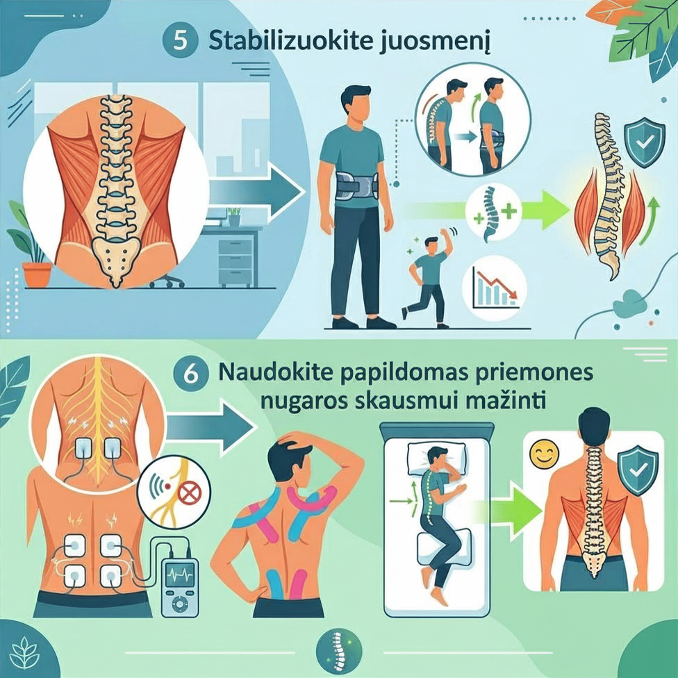 TENS elektrostimuliacijos ir nugaros įtvarų nauda nugaros skausmui mažinti