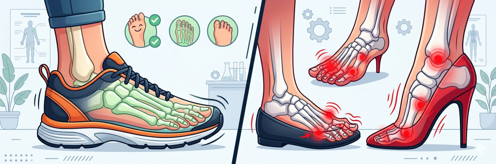 Tinkamai pasirinkta ortopedinė avalynė prieš netinkamą avalynę. Pėdų skausmo priežastys