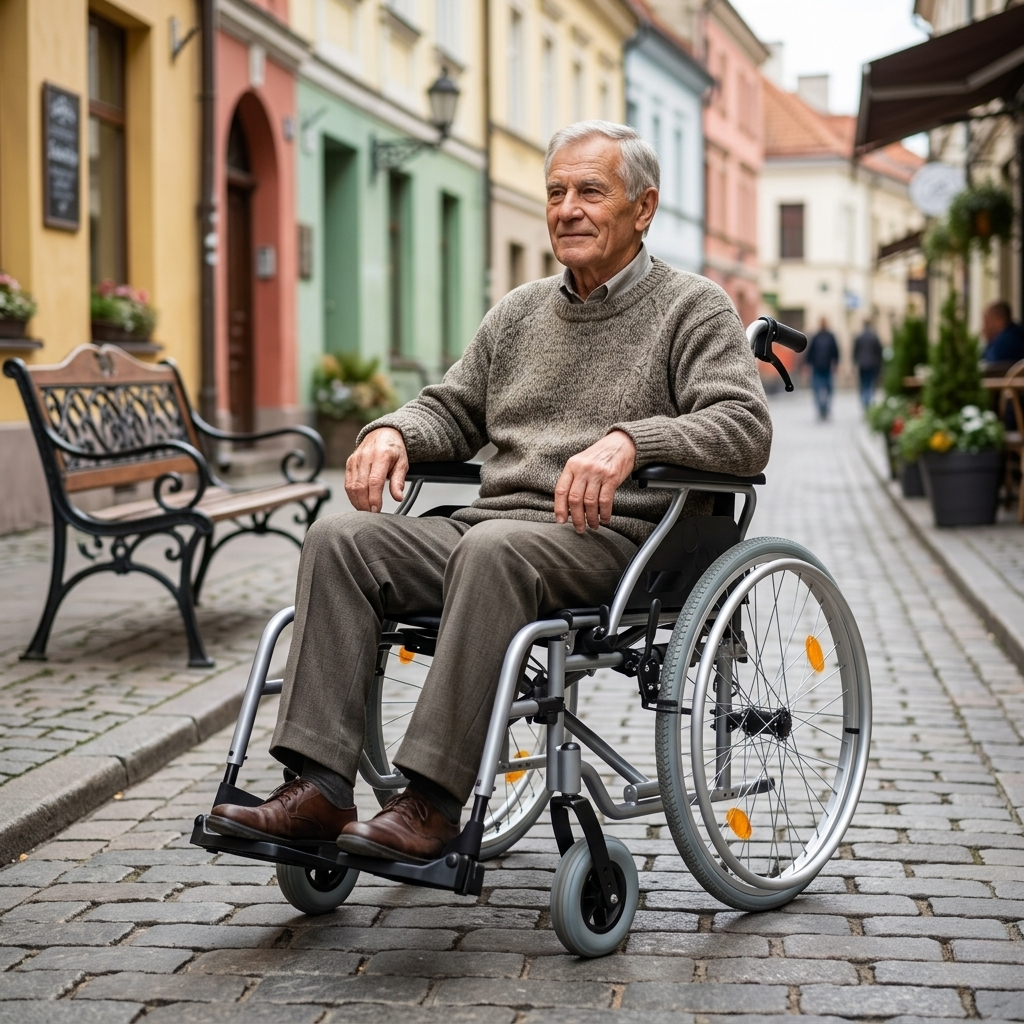 Universalaus tipo vežimėlis iki 14 kg svorio, asmuo naudojasi juo mieste