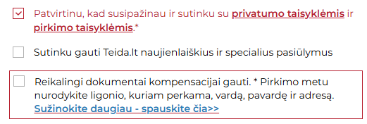 Ką žymėti perkant teida.lt, kad gaučiau kompensacijai reikalingus dokumentus?