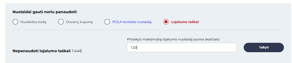 Teida prekių krepšelis, lojalumo taškų panaudojimas